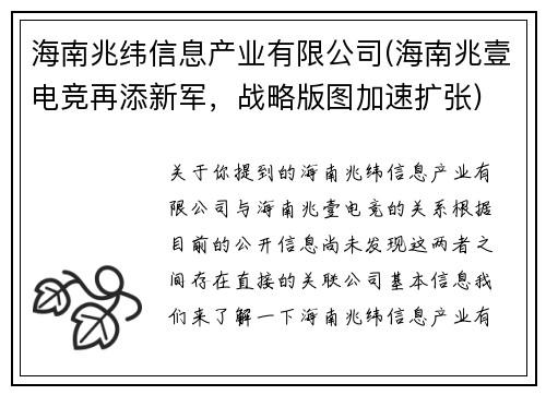 海南兆纬信息产业有限公司(海南兆壹电竞再添新军，战略版图加速扩张)